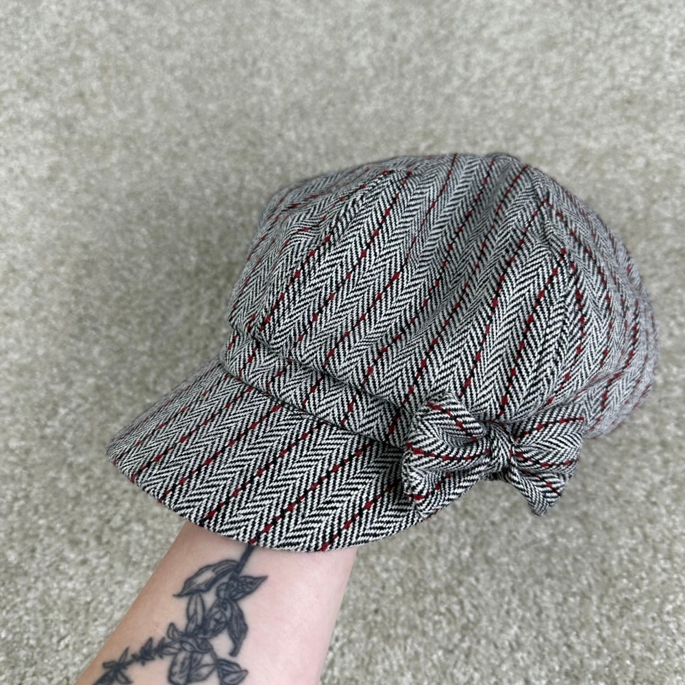 Emanuel Geraldo Newsboy Cap Herringbone Tweed Gray Red Wool Blend Baker Boy Hat